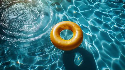 Yellow ring floating in blue swimming pool. - obrazy, fototapety, plakaty