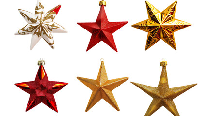 collection of christmas stars decorations isolated on a transparent background