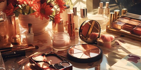 Warm sunlight illuminates a collection of fashionable makeup products, arranged on a gleaming surface