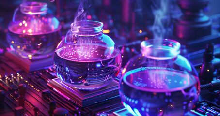 Pastel neon cyber potions brewed in digital cauldrons offering hackers supernatural hacking abilities