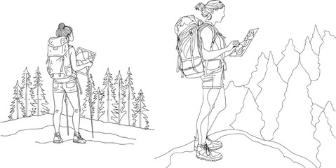 Single continuous line drawing woman hiker with map exploring forest