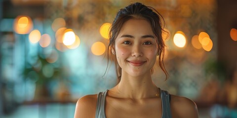 Thai young woman trainer grinning in a yoga studio. Generative Ai
