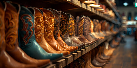 Cowboy boots on shelf for sale,Cowboy boots for sale on shelf. - obrazy, fototapety, plakaty