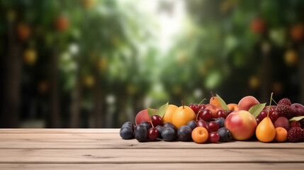 A bountiful assortment of ripe berries and stone fruit on a wooden table against a blurred orchard backdrop.