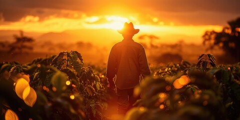 Man in a hat strolling in a coffee field in the sunlight. Generative Ai