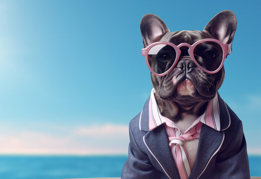 Stylish glamorous nineties fashion dog. Stilyagi. Neutral background.