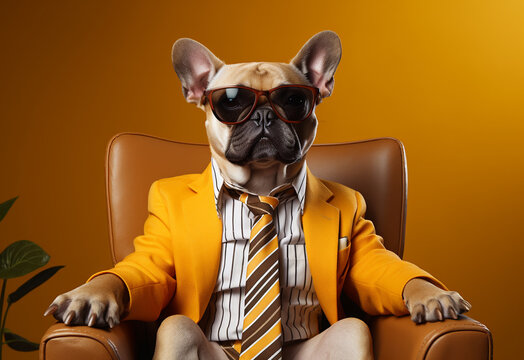 Stylish glamorous nineties fashion dog. Stilyagi. Neutral background.
