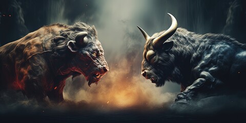 Bull and bear market face off concept - obrazy, fototapety, plakaty