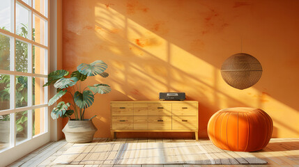 
Interior of living room with chest of drawers and orange seats. 3D illustration
