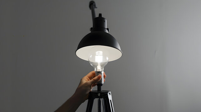 Changing the bulb for led bulb in floor lamp in black colour. On light gray background