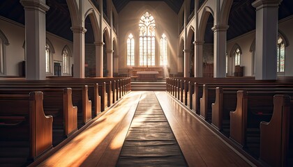 A view inside an empty church with wooden pews running along the aisles, illuminated by sunlight streaming through the colorful stained-glass windows