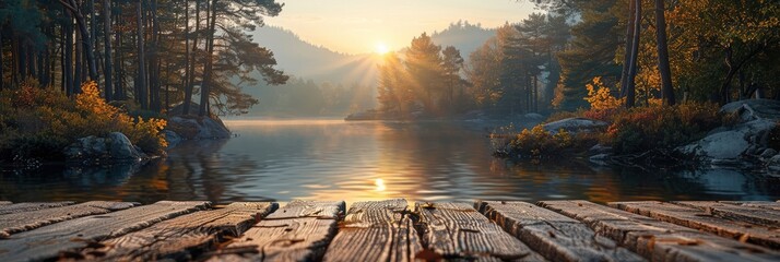 Sunset On Forest Lake Wooden Board, HD, Background Wallpaper, Desktop Wallpaper