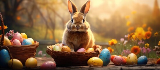 A cute rabbit is sitting inside a basket filled with colorful Easter eggs, including one large chocolate egg. The rabbit appears curious and content as it explores its surroundings. - obrazy, fototapety, plakaty