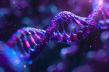 Fotobehang Against a vibrant purple background, a DNA strand adorned with shimmering particles serves as a visual representation of concepts in genetics, molecular biology, and scientific inquiry. © TEERAWAT
