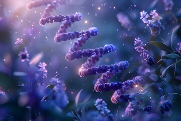 Naklejka premium Representing concepts in genetics, molecular biology, and scientific discovery, a vibrant purple DNA strand adorned with shimmering particles captivates the imagination.