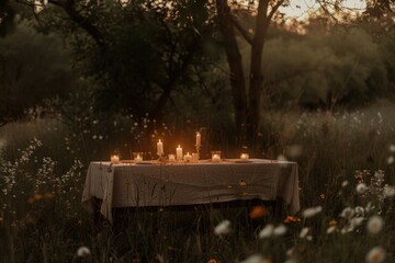 Outdoor table setting in in style of beige colors with linen tablecloth and decorated with candles...
