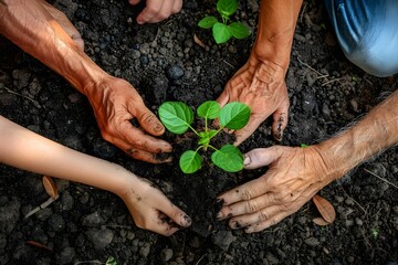 Multiple generations come together, planting a young sapling in fertile earth, symbolizing growth, care, and environmental responsibility. - obrazy, fototapety, plakaty