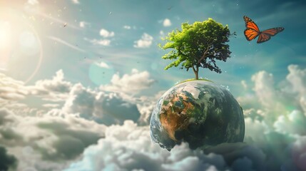 World environment day concept, Earth day, Earth and tree with butterfly on clouds