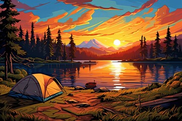 a painting of a tent on a lake with trees and mountains in the background - obrazy, fototapety, plakaty