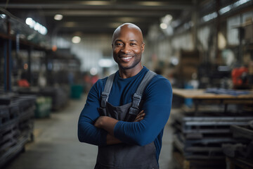Smiling afro american man at work in a factory. Worker recruitment. Job offer. Work in industry. Jobs in a factory. Factory in Europe. African man. Black man.


 - obrazy, fototapety, plakaty