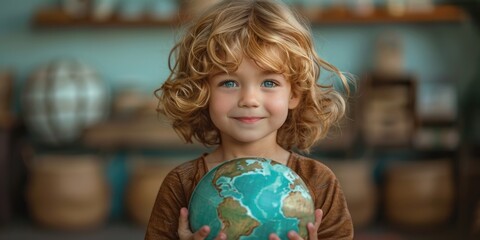 child with earth globe on azure background.