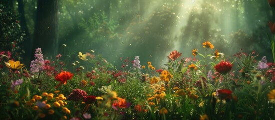The image shows a dense forest teeming with a variety of colorful wild flowers. The vibrant blooms add a burst of color to the verdant greenery of the forest, creating a rich and diverse ecosystem.