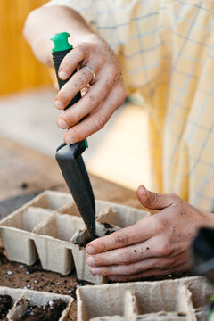 Men's hands fill pots for seedlings with ground