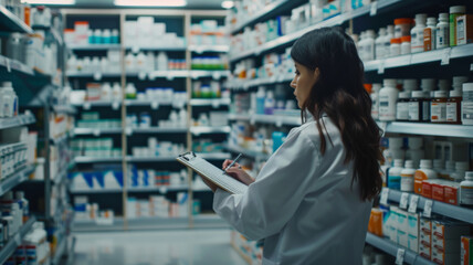 Pharmacist focused on inventory check in pharmacy.