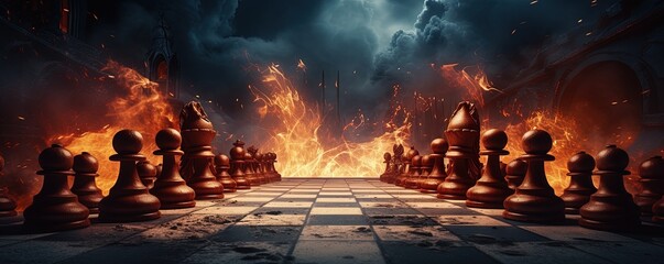 Versus or VS battle on chessboard with dark and fire ball background for competition between team , contestants and fighters