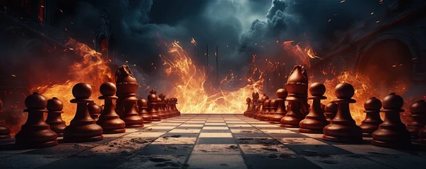 Sierkussen Versus or VS battle on chessboard with dark and fire ball background for competition between team , contestants and fighters © Coosh448