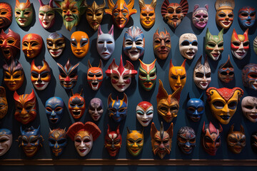 Vibrant collection of traditional venetian masks with various designs and expressions