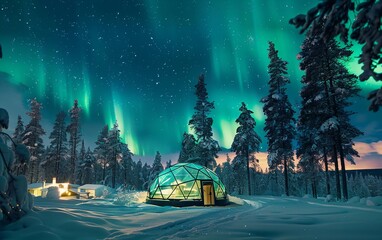 The mesmerizing Northern Lights illuminating the Finnish Lapland's snowy landscape, with a cozy glass igloo under the aurora