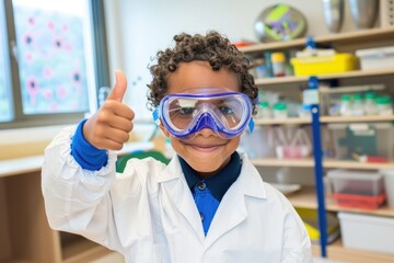 boy in a lab coat with thumbs up and safety goggles.