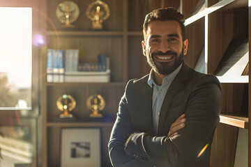 A Middle Eastern businessman with a neatly trimmed beard leans against his desk, a determined smile on his lips, with sunlight highlighting awards on the shelf behind him.