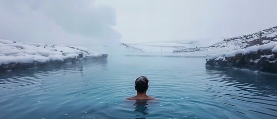 Visiting hot springs in Iceland, relaxing in warm waters amidst snowy landscapes