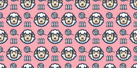 Fluffy Sheep Seamless Pattern. Vector.ふわふわ羊のシームレスパターン