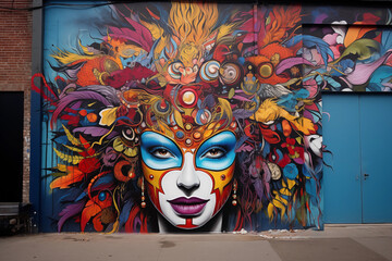 Vibrant graffiti of a fantastical face adorns a city wall, showcasing street art culture