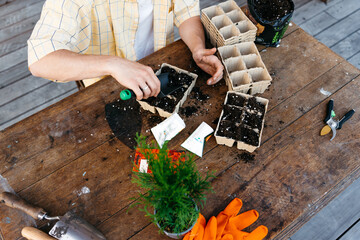 A man sows seeds in pots