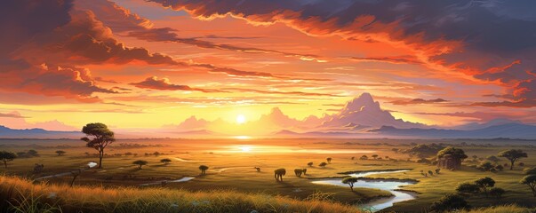 serene sunrise over a vast savannah - obrazy, fototapety, plakaty