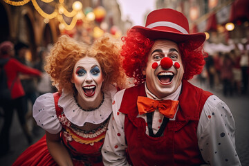 Two cheerful clowns with colorful makeup laughing joyfully in a vibrant street setting - obrazy, fototapety, plakaty