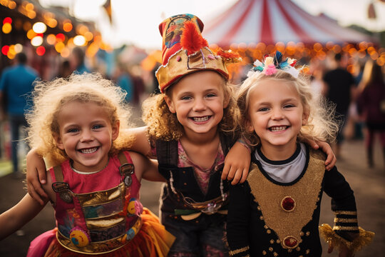 Three happy kids in festive attire smile at a fairground with lights and a big top tent