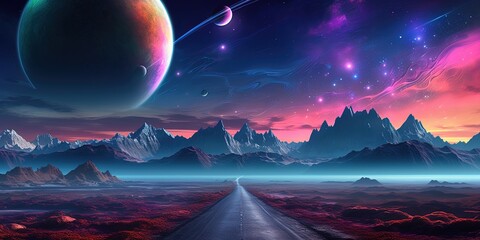 Futuristic neon landscape with a lone road leading toward vibrant planets and mountains under a...