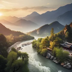 Badezimmer Foto Rückwand Traditional Chinese tranquil landscape of mountains, rivers, and trees. © Pram