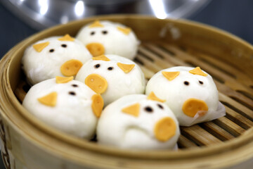 Steamed buns with pig muzzles close up