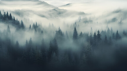 A forest with a foggy background and a forest with trees in the foreground.
