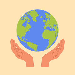 Hands holding Earth globe poster, banner. Save the planet, protect the Earth, environment problems, saving nature together concept. Earth Day vector illustration design