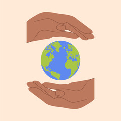 Hands holding Earth globe poster, banner. Save the planet, protect the Earth, environment problems, saving nature together concept. Earth Day vector illustration design