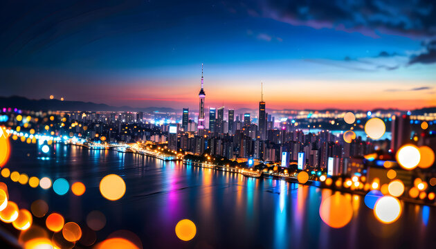 Colorful blurred city night view and illumination, jade bokeh, abstract night light of cityscape bokeh.