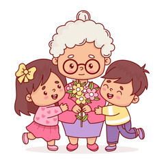 Happy elderly woman grandmother with grandchildren and bouquet flowers. Vector illustration cartoon flat style. Positive character for holiday design birthday, Women's, Mother's and grandma's day.