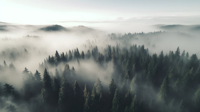 Aerial view over a mountain forest with fog and mist forest landscape generative ai
